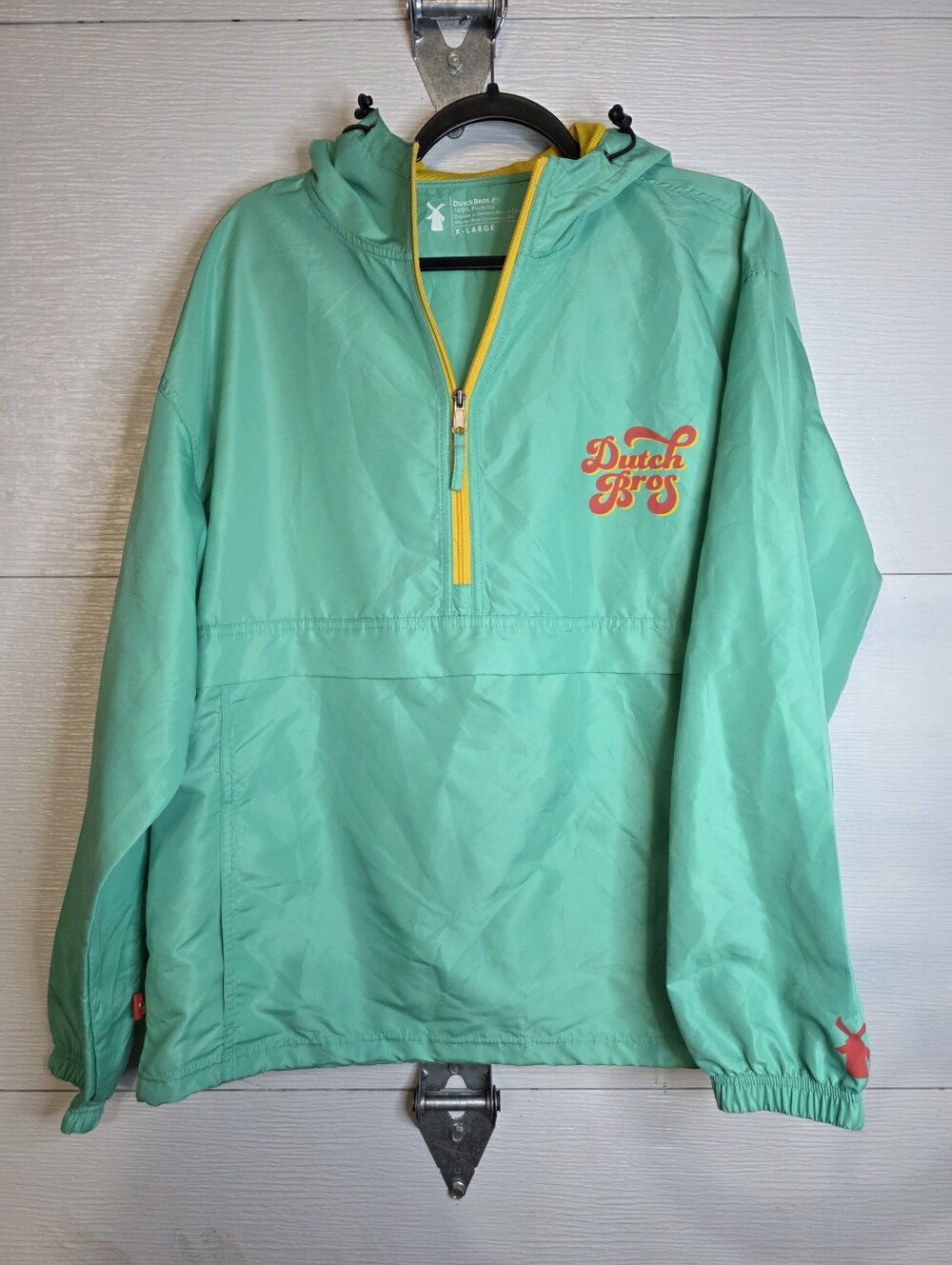 Dutch Bros Mint Hooded Rain Pullover with Yellow Zip